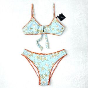 Zaful Forever Young 2 Piece Bikini Size L Swimsuit Blue White Yellow Floral NWT